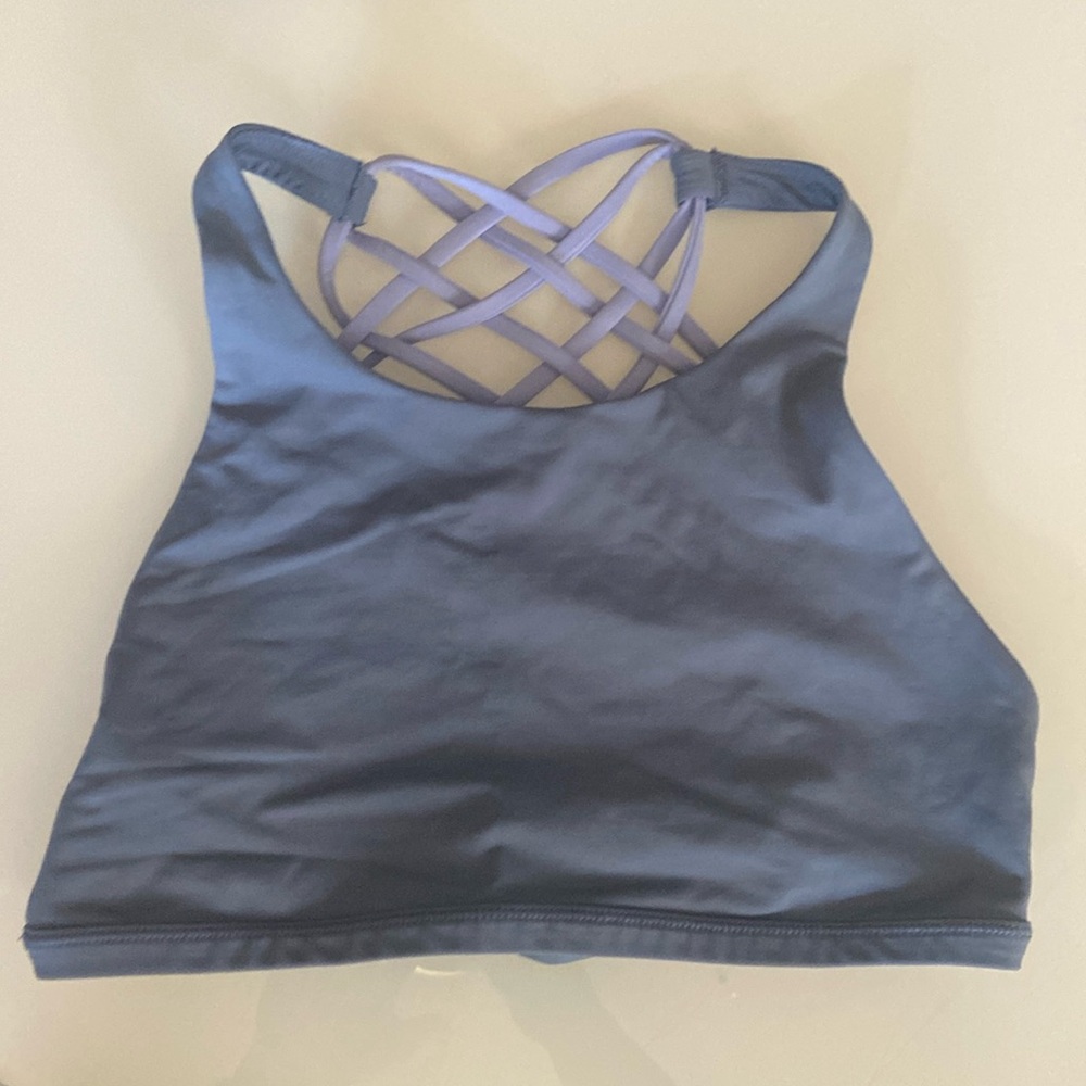 Lululemon Free to Be bra Wild*, high neck, grey blue / light blue, size 6